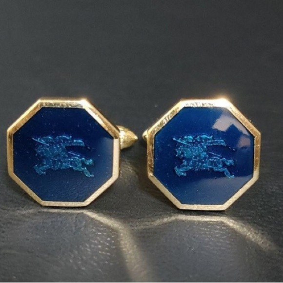 Burberry authentic cufflinks necktie pin blue gold plated octagon - Picture 6 of 12